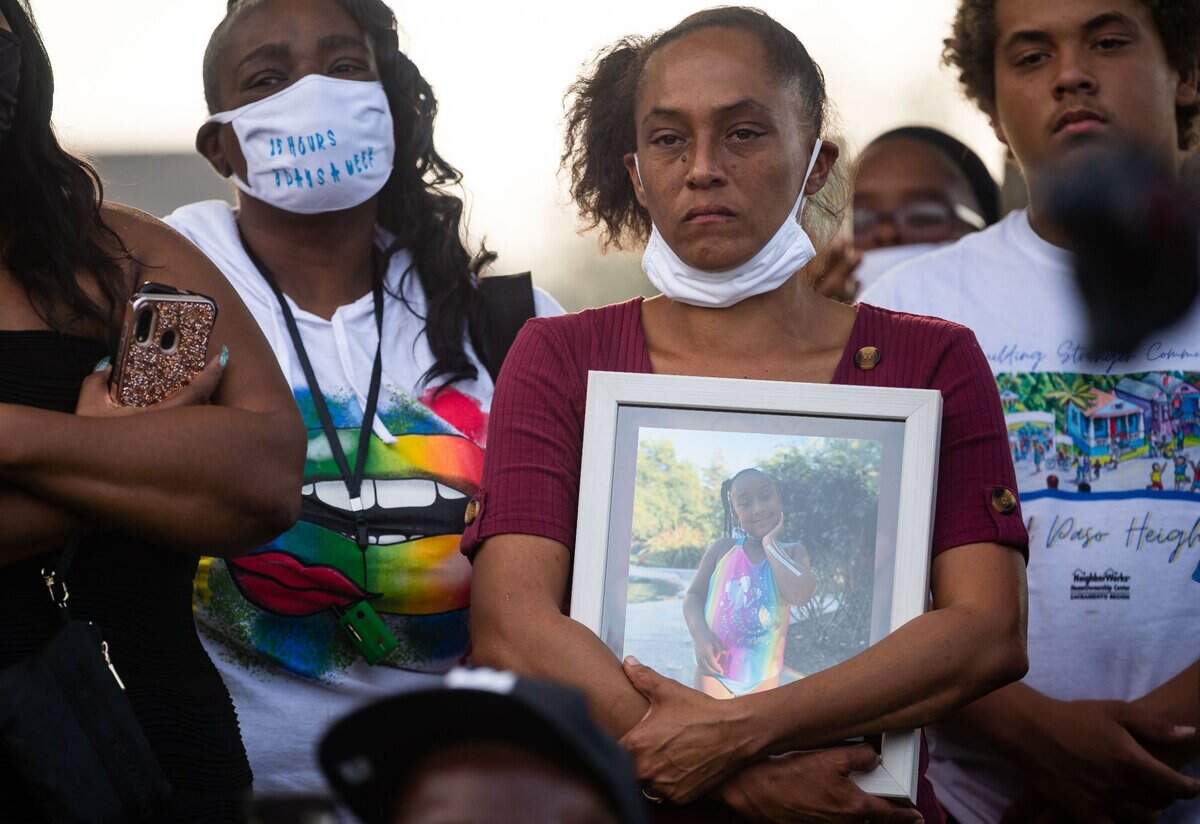 Amber Brent, grandmother of Makaylah Brent, 9, who was fatally shot at Mama Marks Park on Saturday, holds a picture of her granddaughter at a news conference on Tuesday, Oct. 6, 2020, at the park Sacramento’s Del Paso Heights neighborhood.