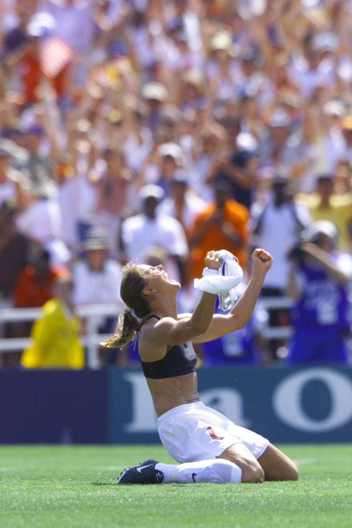 Brandi Chastain, a midfielder for the U.S. Women’s National Team, celebrates after scoring the winning penalty kick against China in the 1999 FIFA Women’s World Cup final in Pasadena on July 10, 1999.