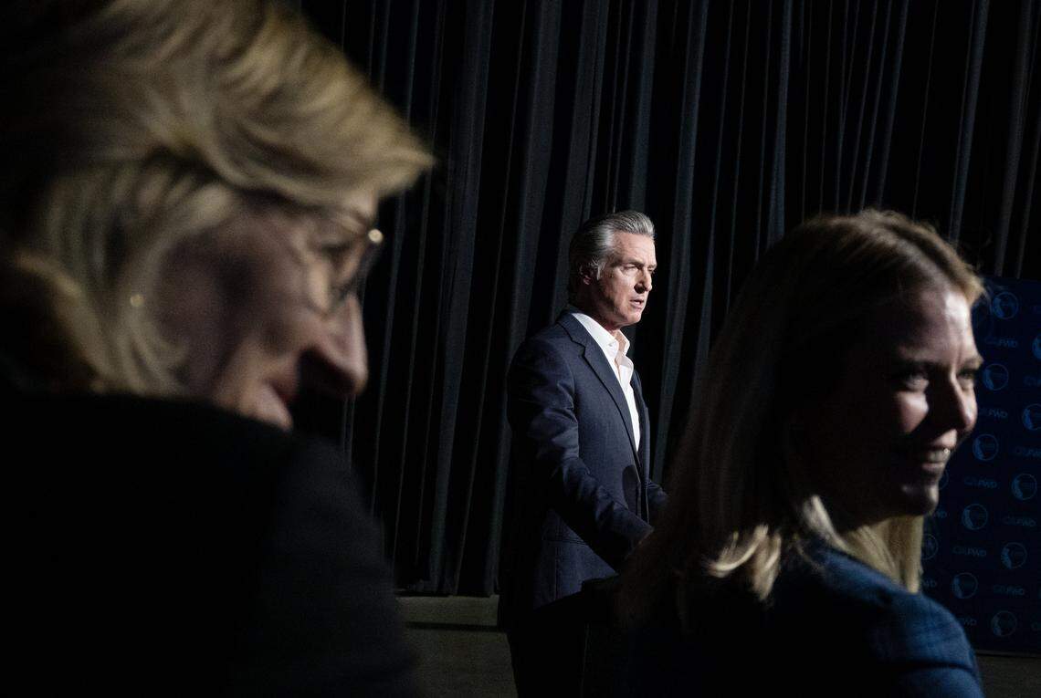 California Gov. Gavin Newsom discusses national politics at Adventist Health Arena in Stockton on Wednesday.