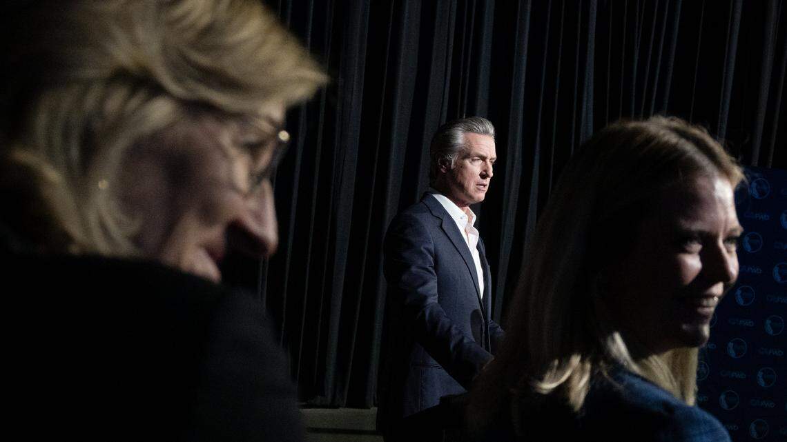 California Gov. Gavin Newsom discusses national politics at Adventist Health Arena in Stockton on Wednesday, Oct. 22, 2025. Newsom is scheduled to head to Brazil to attend COP30, according to his office.