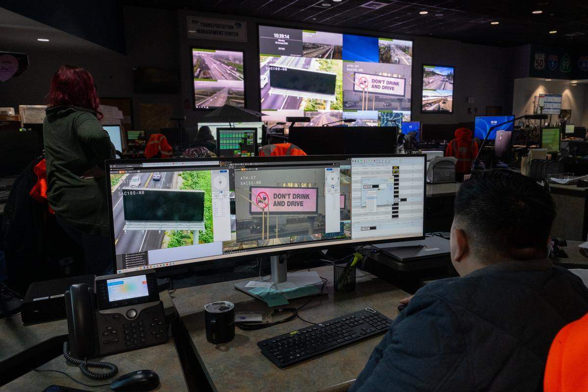 Peter Thao, a TMC operator, monitors more than 200 traffic cameras installed along the highway system at the Caltrans District 3 Regional Transportation Management Center on Jan. 26 in Rancho Cordova. The center is one of several interconnected traffic management centers that help safeguard and support the efficient movement of travelers and freight throughout California’s state highway system.