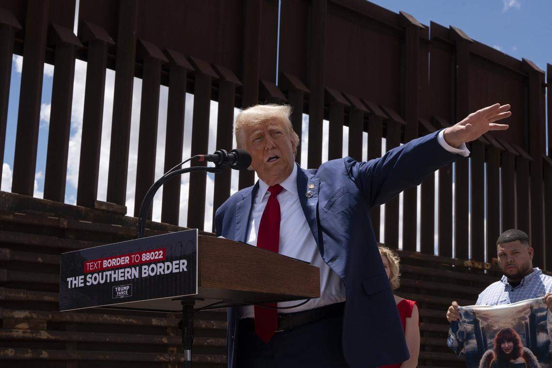President Donald Trump speaks at the U.S.-Mexico border on Aug. 22, 2024, south of Sierra Vista, Arizona.
