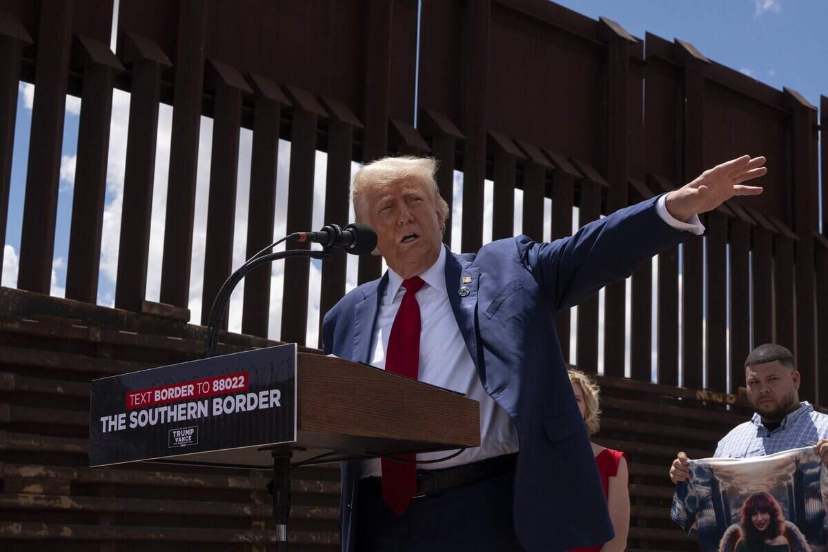 President Donald Trump speaks at the U.S.-Mexico border on Aug. 22, 2024, south of Sierra Vista, Arizona.
