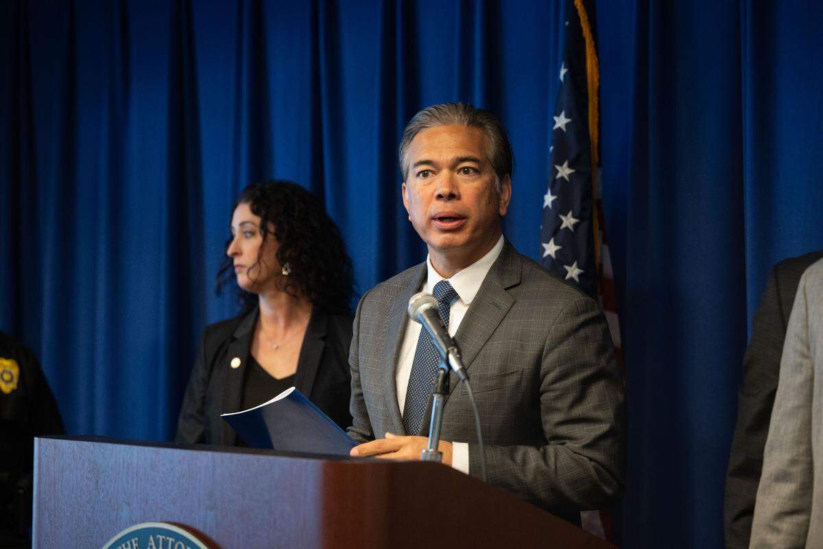 California Attorney General Rob Bonta at a press conference in downtown Sacramento in March.