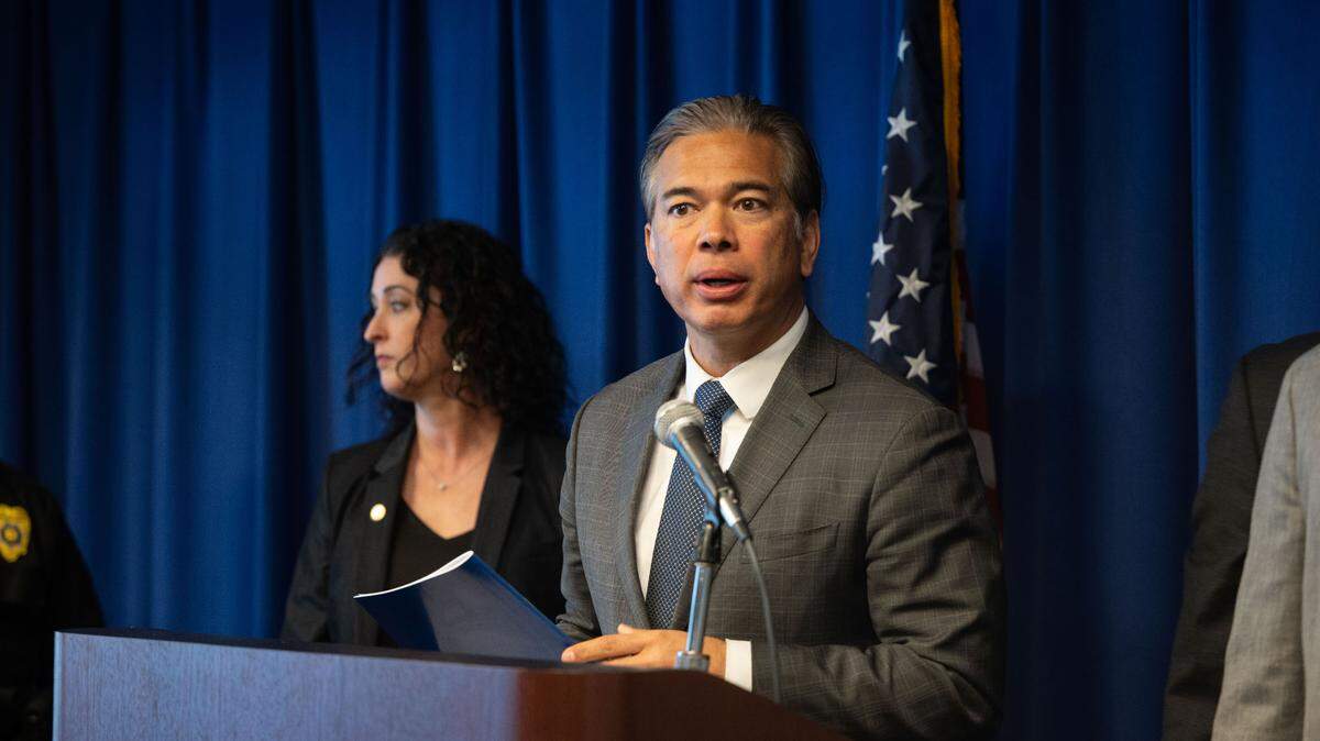 California Attorney General Rob Bonta holds a press conference in Sacramento on Thursday, March 13, 2025, in downtown Sacramento.