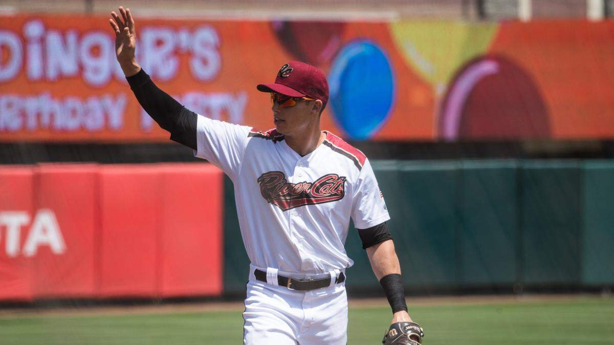 Sacramento River Cats outfielder Drew Robinson greets his fans before a game at Sutter Health Park on Sunday, July 18, 2021. Robinson, who lost an eye after a suicide attempt in April 2020, announced Friday he will retire from playing baseball and become an advocate for mental health with the San Francisco Giants.