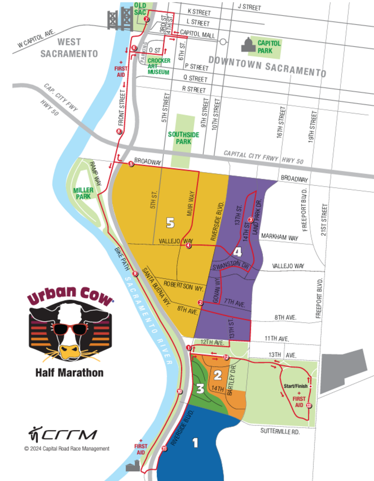 A map of which areas and streets will be closed off during the Urban Cow Half marathon on Sunday. The marathon is set to begin at 7:30 a.m. and is anticipated to finished by 11:30 a.m.