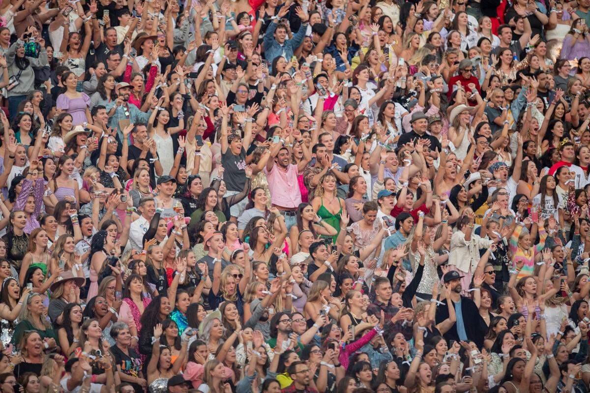 Fans cheer at Levi’s Stadium during Taylor Swift’s The Eras Tour on Friday, July 28, 2023, in Santa Clara. It is one of two concerts she will perform at Levi’s Stadium. The next concert is tomorrow Saturday night.