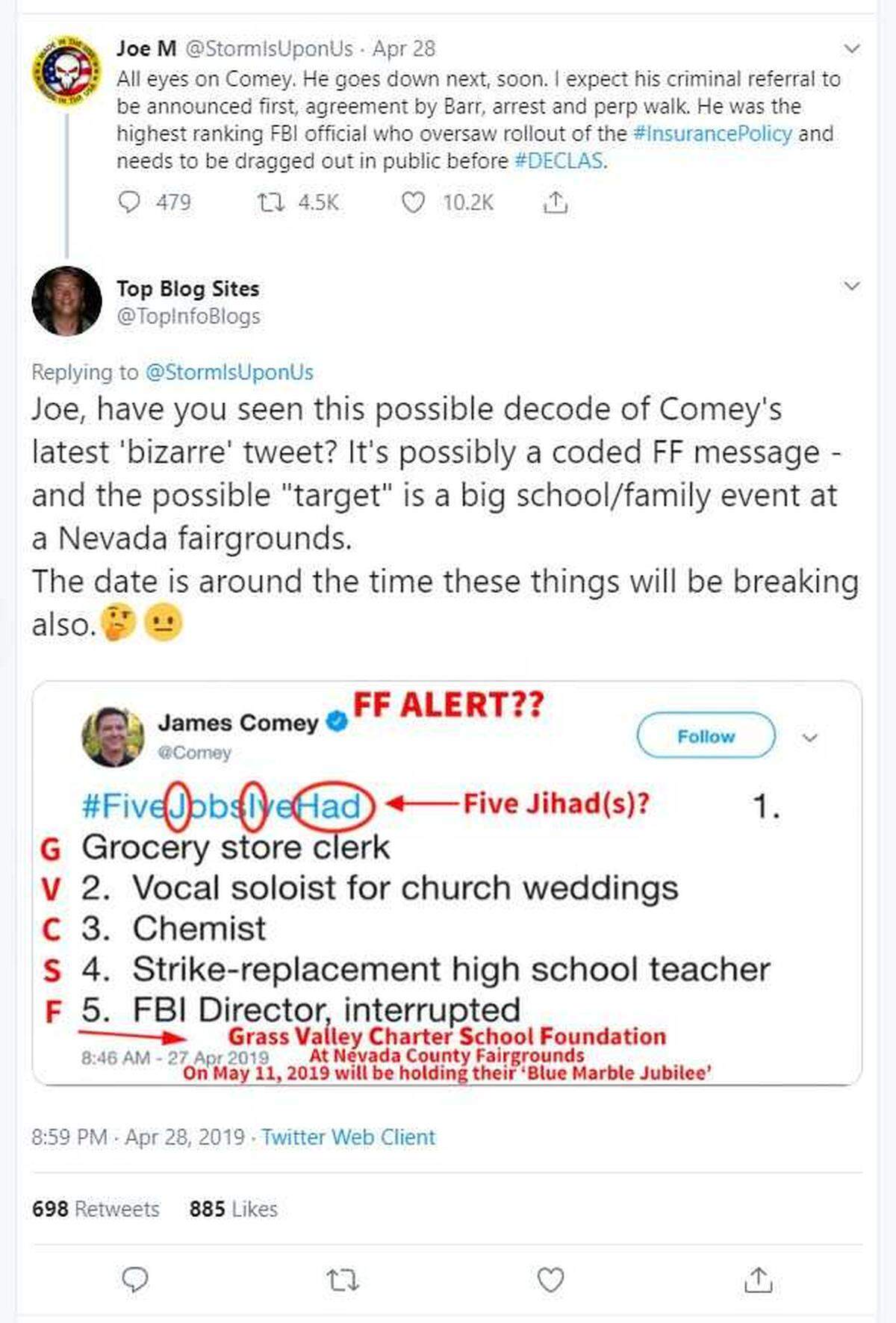 Organizers of a Grass Valley charter school fundraiser say conspiracy theories that went viral on social media about tweet from former FBI Director James Comey forced them to cancel festival in Grass Valley. The school was neither named nor referenced in the post, organizers said, calling the purported link a “far-reaching connection” that “poses zero threat to our school and community.”