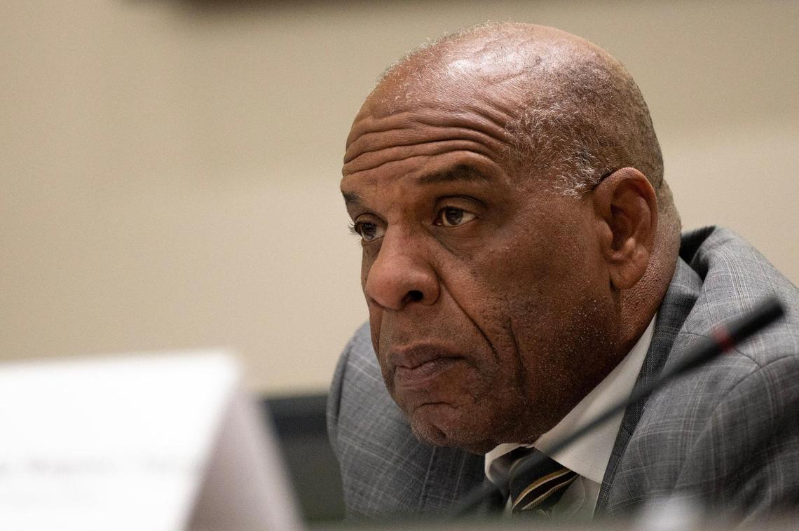 Reparations Task Force member state Sen. Steven Bradford, D-Gardena, listens during a task force meeting at the CalEPA Building in Sacramento on Friday, March 3, 2023. The California Legislature in 2024 will begin debating reparations bills.