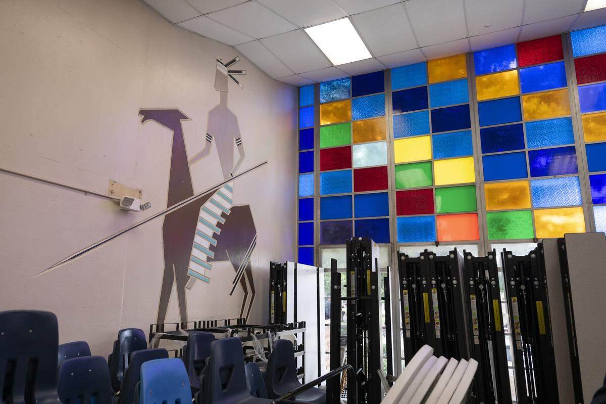 A wall carving, which dates possibly to the school’s founding, decorates a wall at Hiram Johnson High School in Sacramento on Tuesday. The school’s principal, Garrett Kirkland, worries that if the school has to change from its warrior mascot, that all depictions of Native Americans will have to be removed.