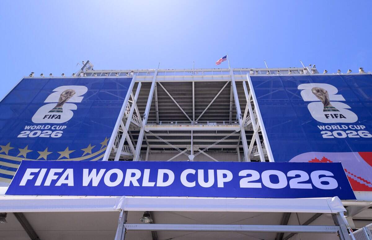 FIFA signage is seen at San Francisco Bay Area Stadium (temporarily renamed from Levi's Stadium) ahead of the 2026 FIFA World Cup in Santa Clara, California, on June 7, 2026. The stadium will host six matches for the FIFA World Cup 2026. (Photo by JOSH EDELSON / AFP via Getty Images)