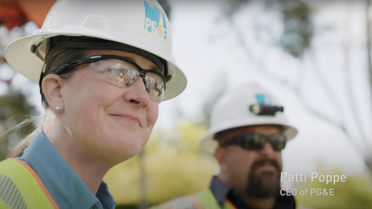 Pacific Gas & Electric CEO Patti Poppe appears in an ad called “Undergrounding 10,000 miles of Powerlines for Safety” that the utility booked to its customers.