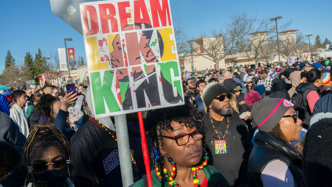 Hundreds march to honor Martin Luther King Jr. in Sacramento as Donald Trump takes office