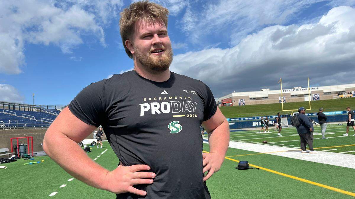 Jackson Slater, an offensive lineman for Sacramento State football, speaks after his Pro Day showing at the UC Davis campus on Monday.