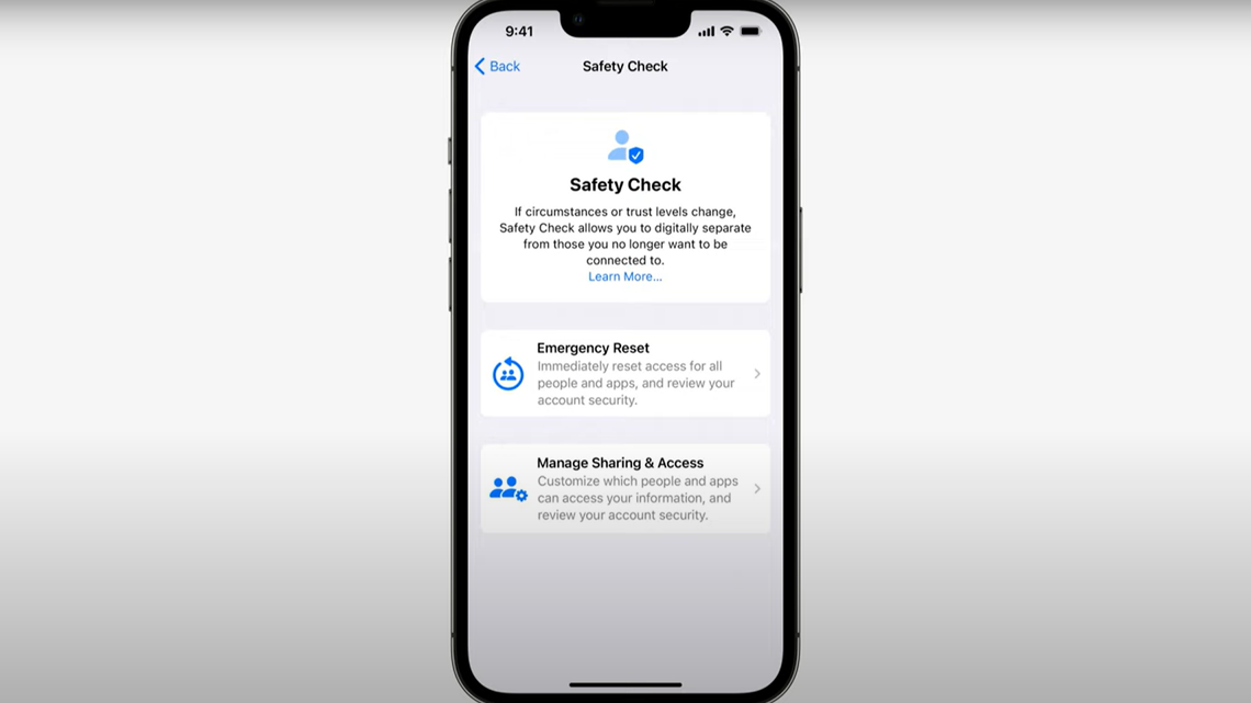 Apple’s Safety Check will include an emergency reset that allows users to “easily sign out of iCloud on all their other devices, reset privacy permissions, and limit messaging to just the device in their hand,” a release said.