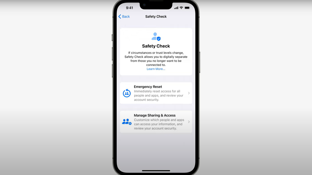 Apple’s Safety Check will include an emergency reset that allows users to “easily sign out of iCloud on all their other devices, reset privacy permissions, and limit messaging to just the device in their hand,” a release said.