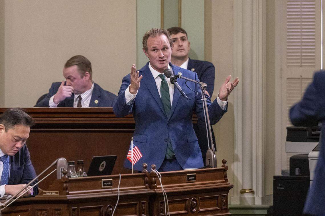 Assembly Republican Leader James Gallagher, R-Yuba City, speaks in opposition to the redistricting proposal bills on Thursday at the Capitol. 