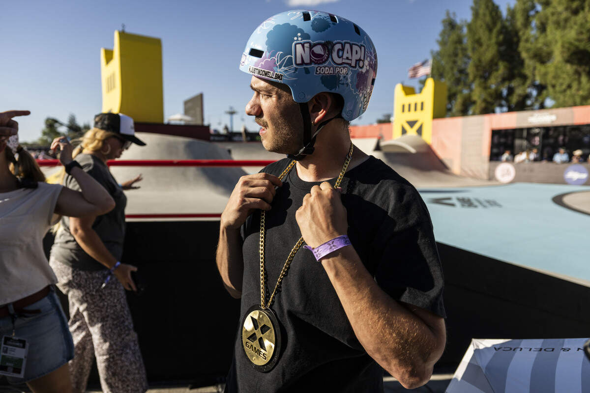Justin Dowell wears the gold medal he won in the BMX Park competition during the MoonPay X Games on Friday, June 26, 2026.