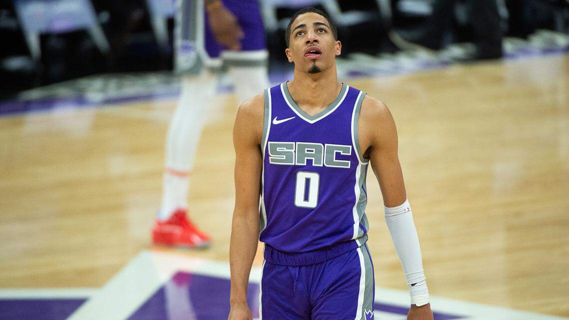 Sacramento Kings guard Tyrese Haliburton (0) returns to the game in the fourth quarter during a game at Golden 1 Center on Thursday, Mar. 11, 2021 in Sacramento.