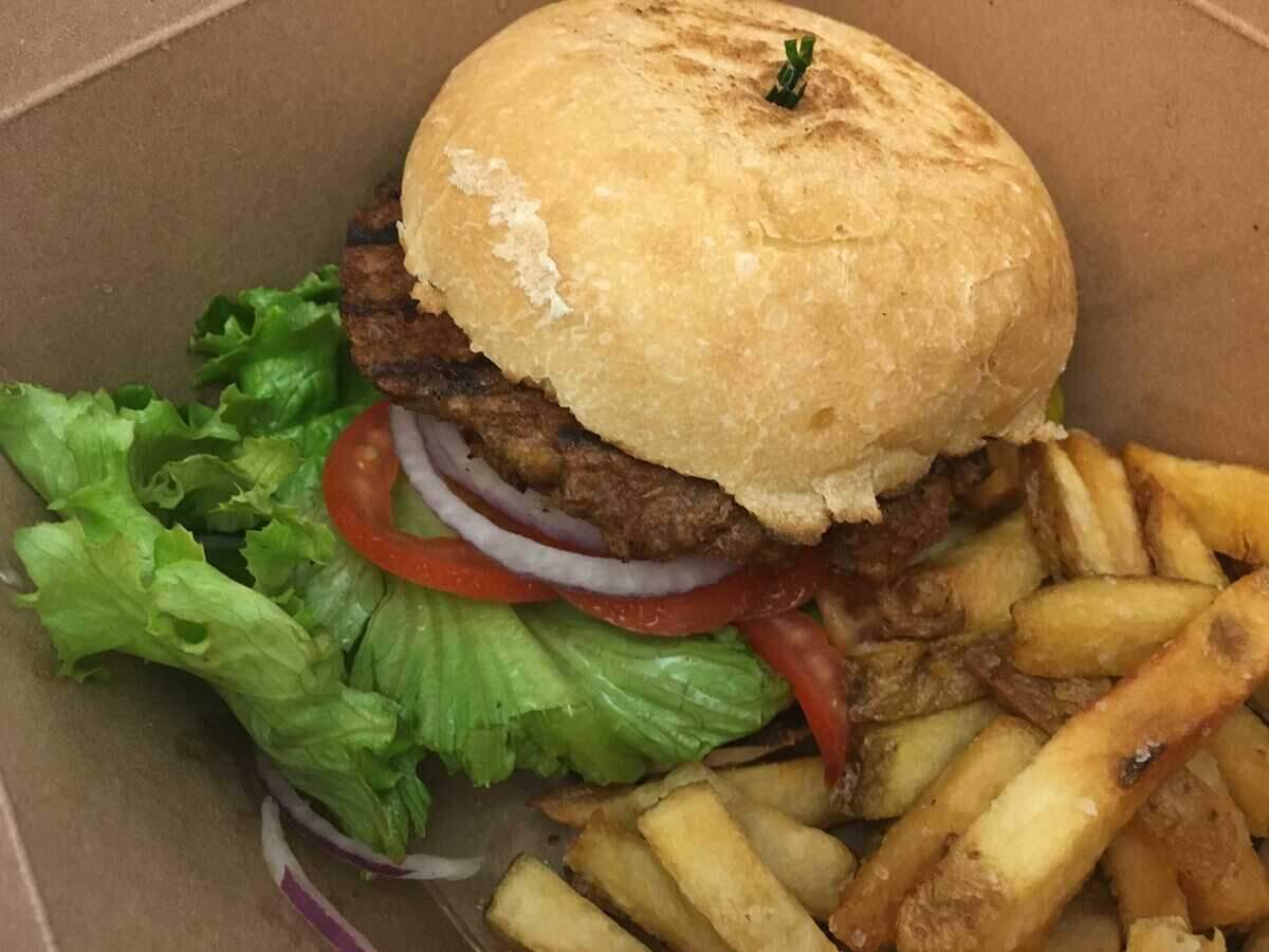 The Dad’s Kitchen Beyond Burger included vegan mayo and an artisan bun, but vegan mozzarella cheese costs an additional dollar.