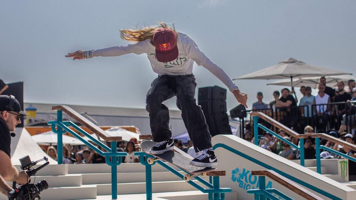 Australia's Chloe Covell competes during the Santa Monica Takeover stop of the 2025 Street League Skateboarding (SLS) Championship Tour at the Santa Monica Pier in California, on May 23, 2025. (Photo by Apu GOMES / AFP) (Photo by APU GOMES/AFP via Getty Images)