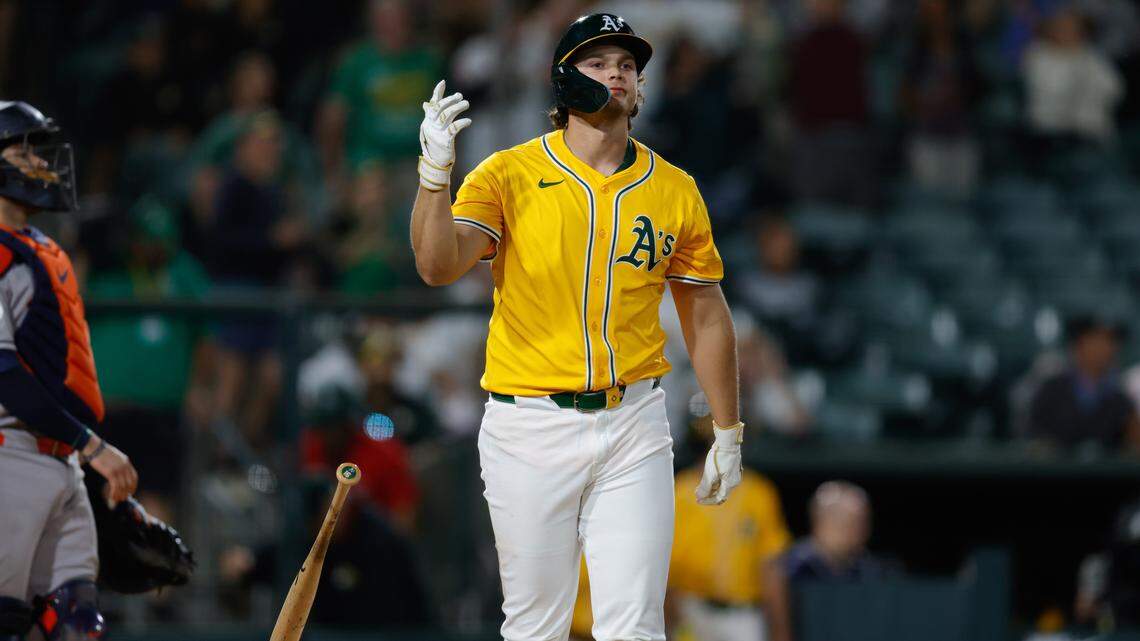 Jun 19, 2025; West Sacramento, California, USA; Athletics first baseman Nick Kurtz (16) hits a walk-off two run home run during the tenth inning against the Houston Astros at Sutter Health Park. Mandatory Credit: Sergio Estrada-Imagn Images