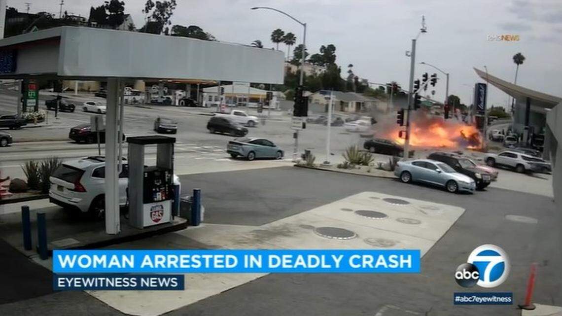Security video shows a fiery crash Thursday, Aug. 4, that sent burning cars flying into a Windsor Hills gas station in Los Angeles. Six people died, including a family going to a prenatal checkup.