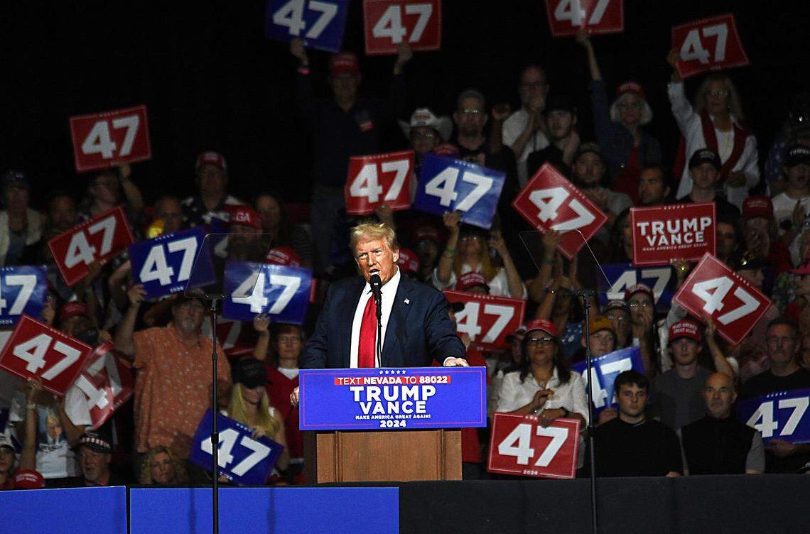 Donald Trump speaks during a rally at the Grand Sierra Resort in Reno on Oct. 11, 2024.