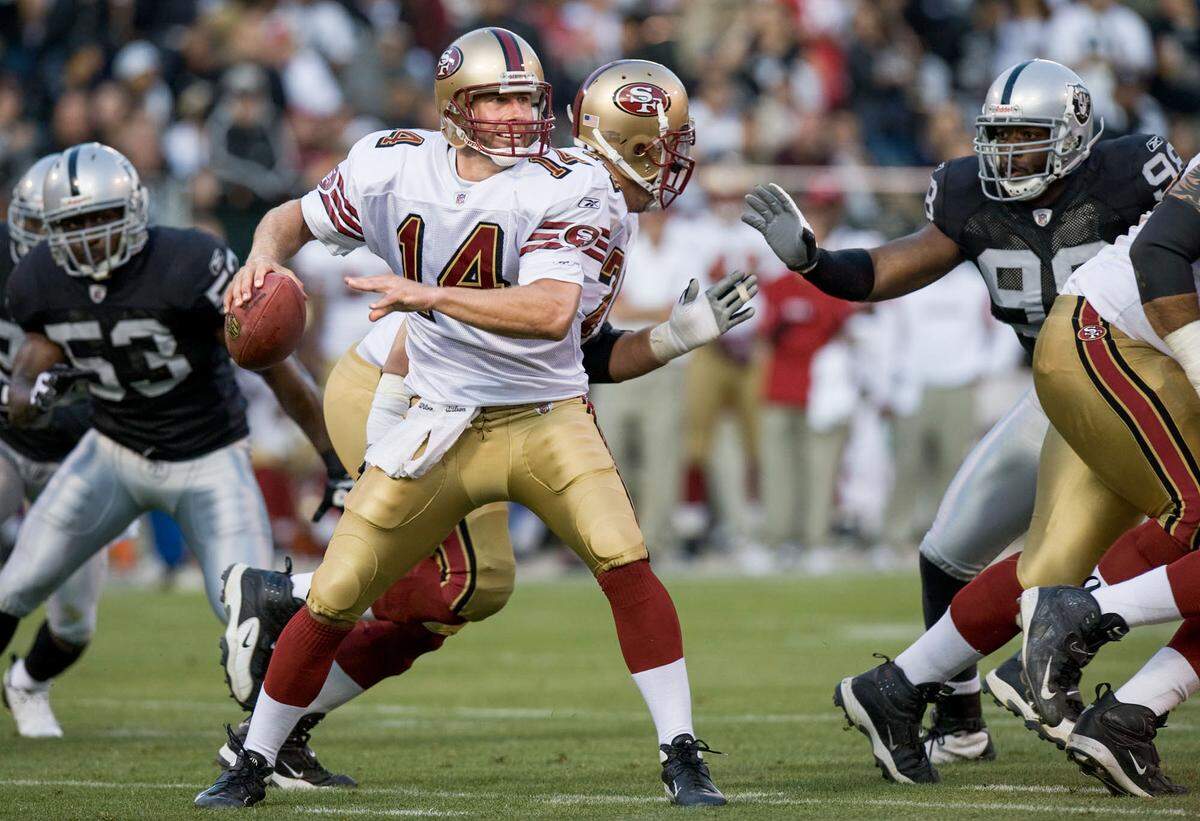San Francisco 49ers quarterback J.T. O’Sullivan looks for a receiver during a preseason game against the Oakland Raiders at McAfee Colesium in Oakland in 2008. O’Sullivan led Jesuit to a section title in 1995 and was a three-year starter at UC Davis.
