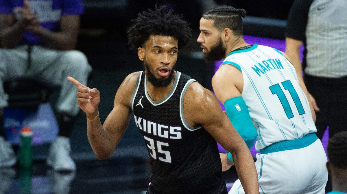 Sacramento Kings forward Marvin Bagley III (35) reacts after basket in the first quarter during a game at Golden 1 Center on Sunday, Feb. 28, 2021 in Sacramento.