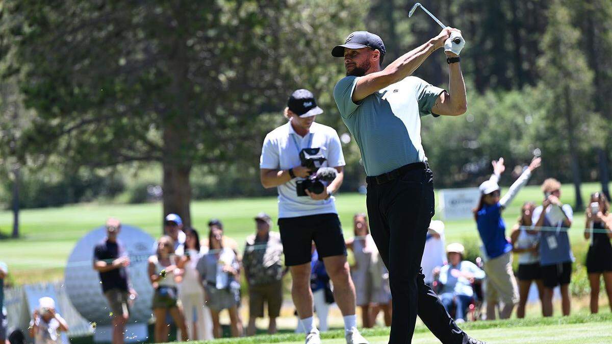 Golden State Warriors star Stephen Curry takes a swing Thursday during practice at the American Century Championship celebrity golf tournament at Edgewood Tahoe Resort in Stateline, Nevada.