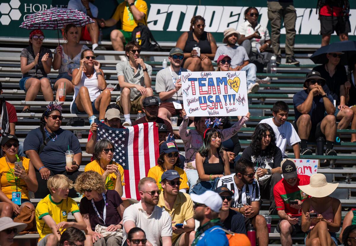 U.S. fans cheer in the women’s team as they defeat Denmark on the final day of play at the Homeless World Cup on Saturday, July 15, 2023, at Hornet Stadium at Sacramento State.