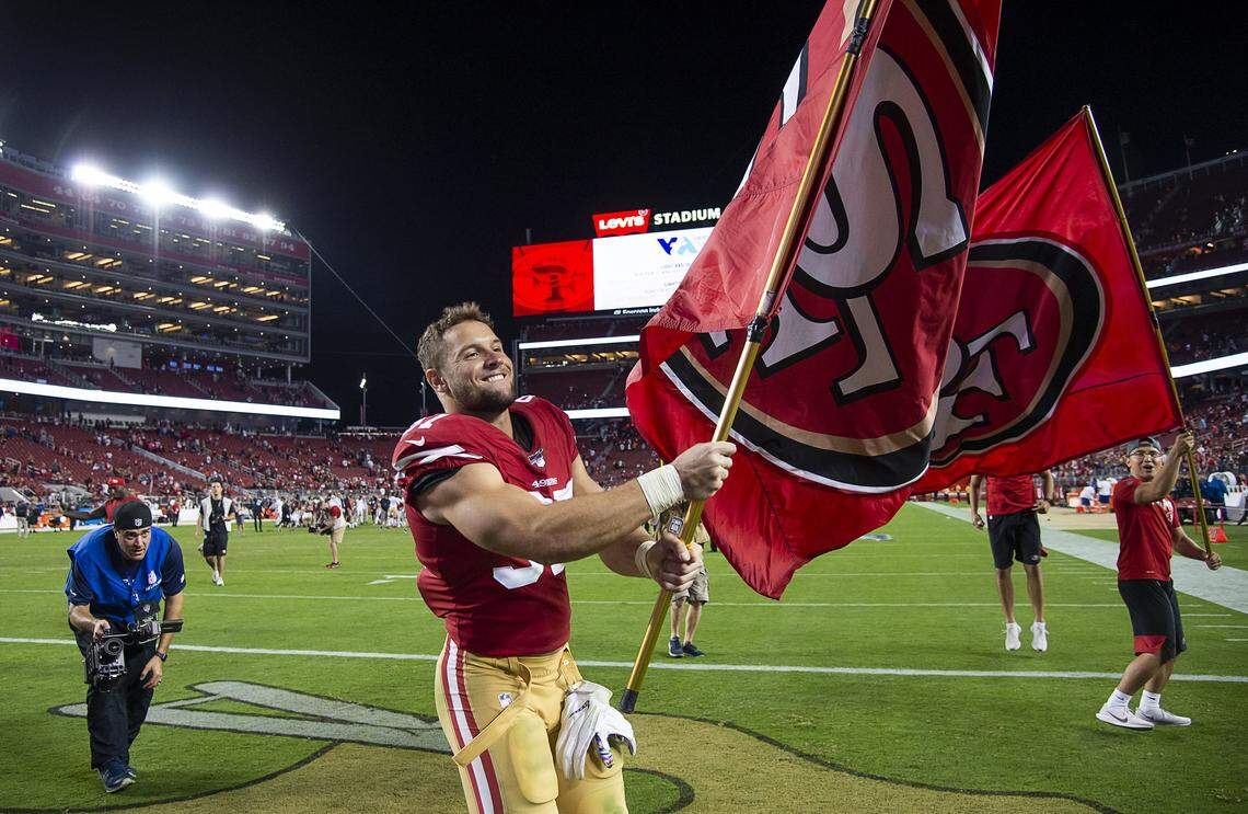San Francisco 49ers defensive end Nick Bosa (97) waves the 49ers flag after beating the Cleveland Browns at Levi’s Stadium on Monday, Oct. 7, 2019 in Santa Clara.