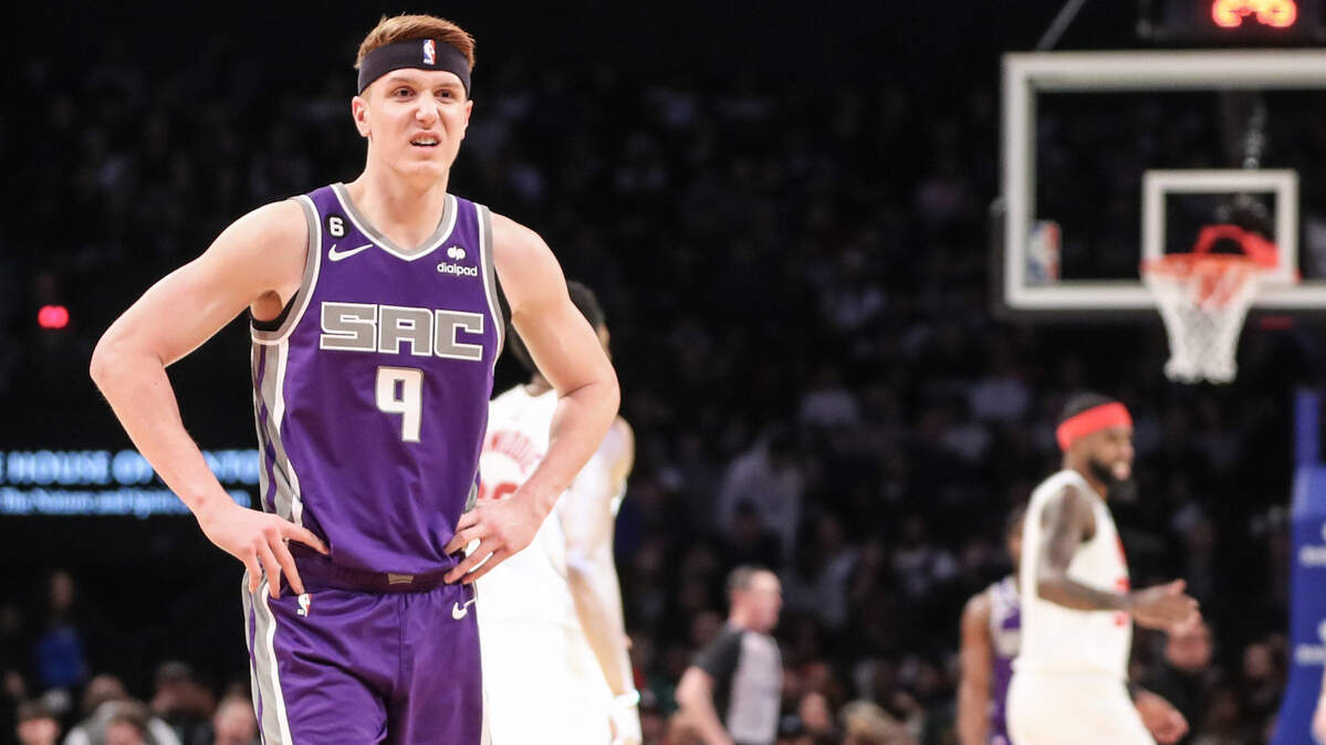 Sacramento Kings guard Kevin Huerter (9) walks off the court after getting injured in the first quarter against the Brooklyn Nets at Barclays Center in Brooklyn, New York, on Thursday, March 16, 2023.