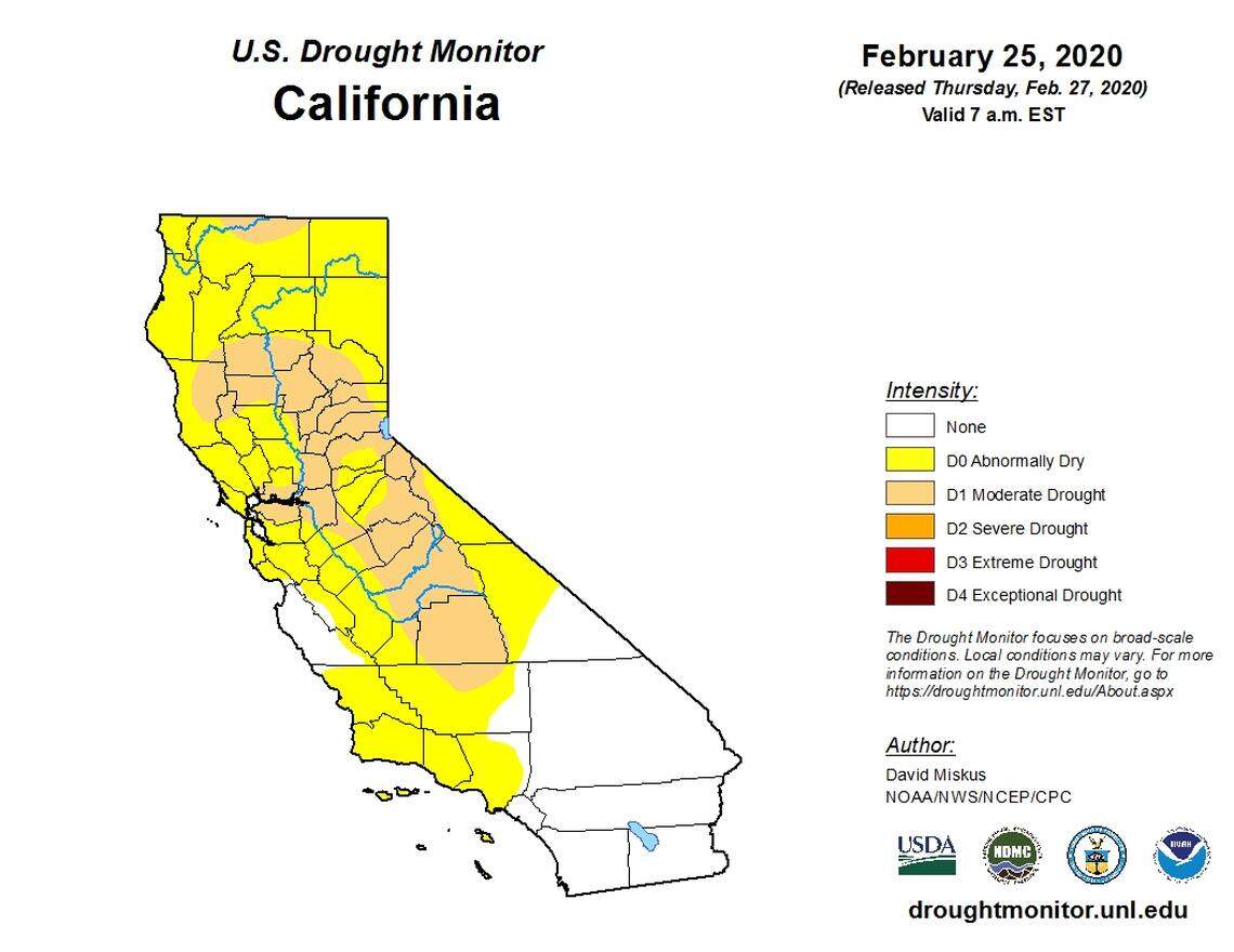 The U.S. Drought Monitor's&nbsp;map of California released Feb. 27, 2020, with data from Feb. 25, 2020, shows close to one-quarter of the state's land area in D1 "moderate drought" status, and another 46 percent as D0 "abnormally dry."