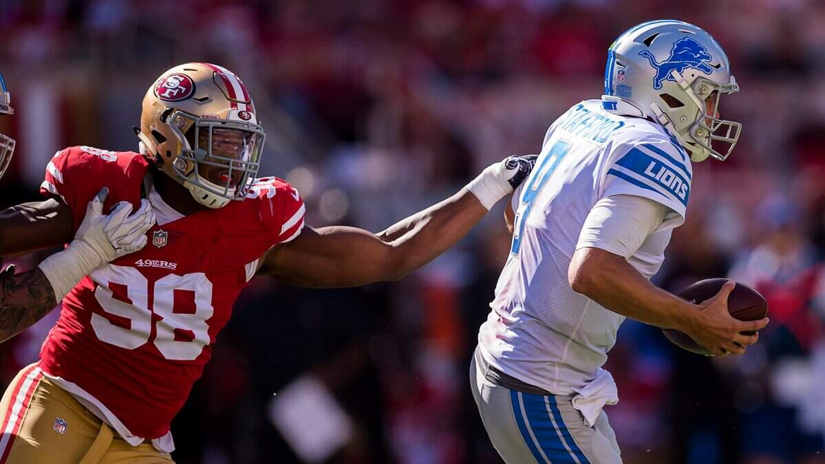 San Francisco 49ers’ Ronald Blair III (98) pressures Detroit Lions starting quarterback Matthew Stafford (9) in the fourth quarter during a game at Levi’s Stadium on Sunday, September 16, 2018 in Santa Clara, Calif.