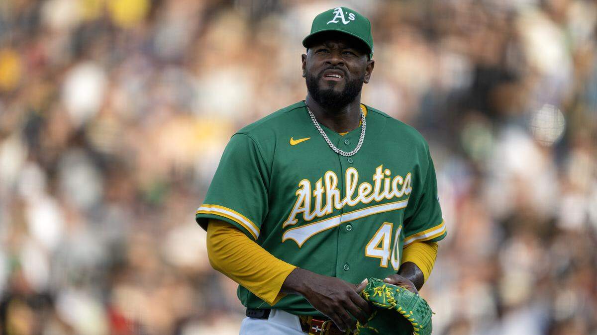 Athletics pitcher Luis Severino walks off the mound after giving up four runs in the first inning against the New York Yankees on Friday at Sutter Health Park in West Sacramento. Severino was placed on the 15-day injured list the next day with a right shoulder strain, according to the A’s.