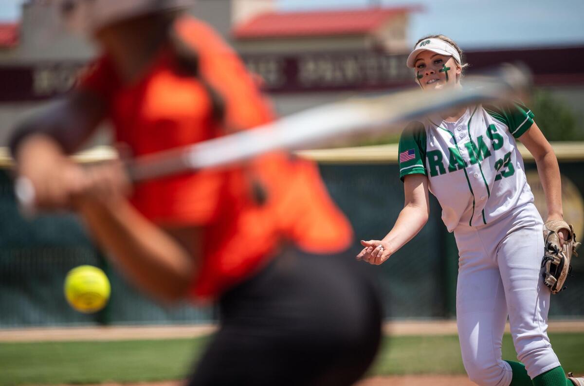 Dixon’s Lexi Coyle strikes out Marysville’s Janis Sutton during the top of the fifth inning of the Sac-Joaquin Section Division IV title softball game Saturday at Sacramento City College. Dixon defeated Marysville 10-8.