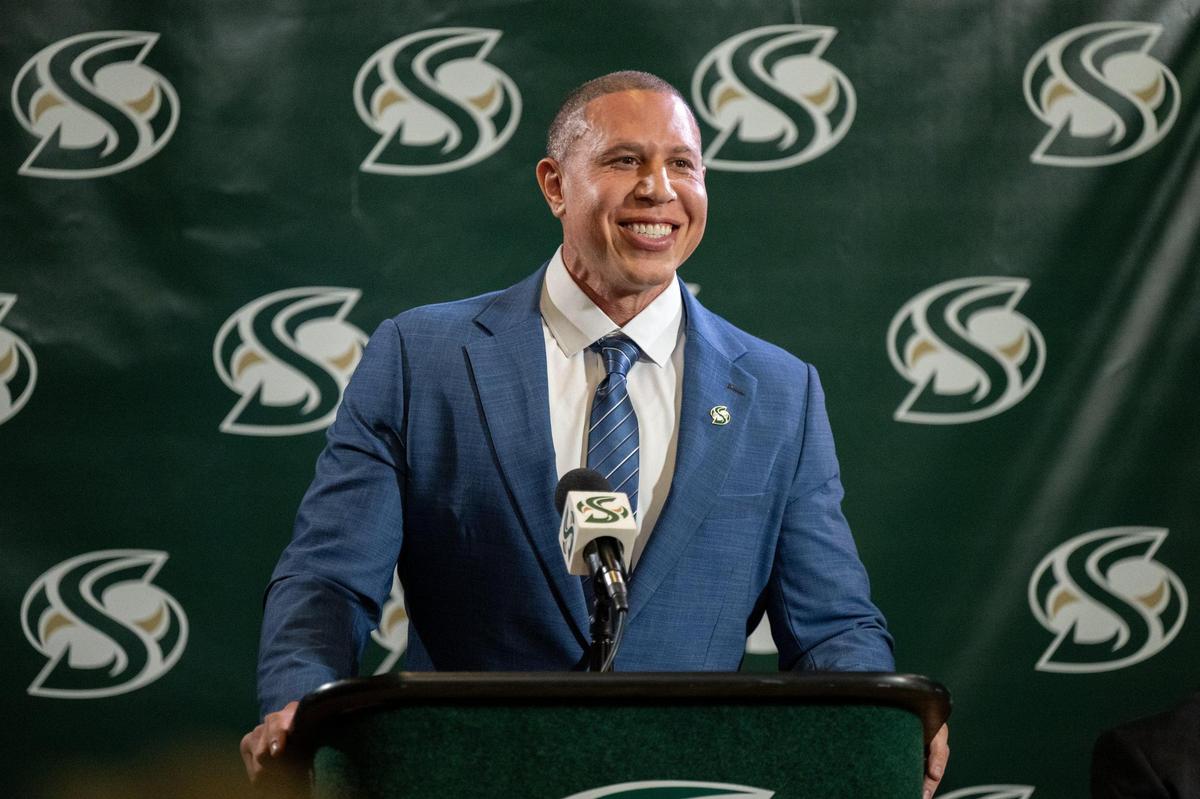 Mike Bibby, former Sacramento Kings star, is introduced as the Sacramento State head basketball coach at the university on April 1.