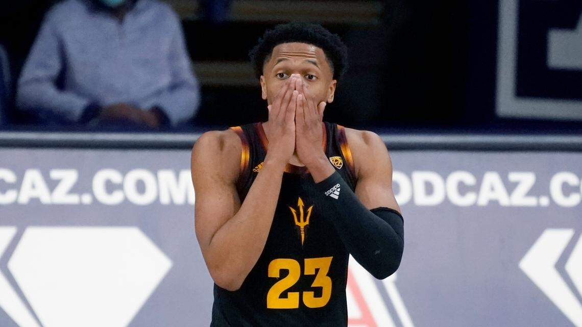 Arizona State forward Marcus Bagley (23) reacts after fouling out during a game against Arizona in 2021.