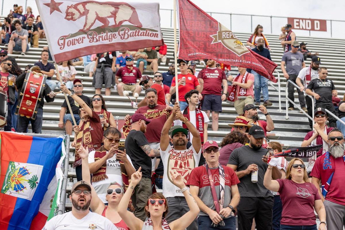 Sacramento Republic FC fans, known as the Tower Bridge Battalion, cheer on their team during an USL championship soccer match against Tulsa on Sunday at Heart Health Park.