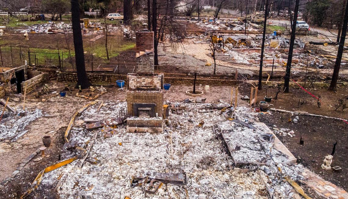 This chimney on Roberts Road in Paradise was the first one to be removed on Wednesday, Jan. 30, 2019, as part of cleanup of the devastation caused by the Camp Fire in November 2018.