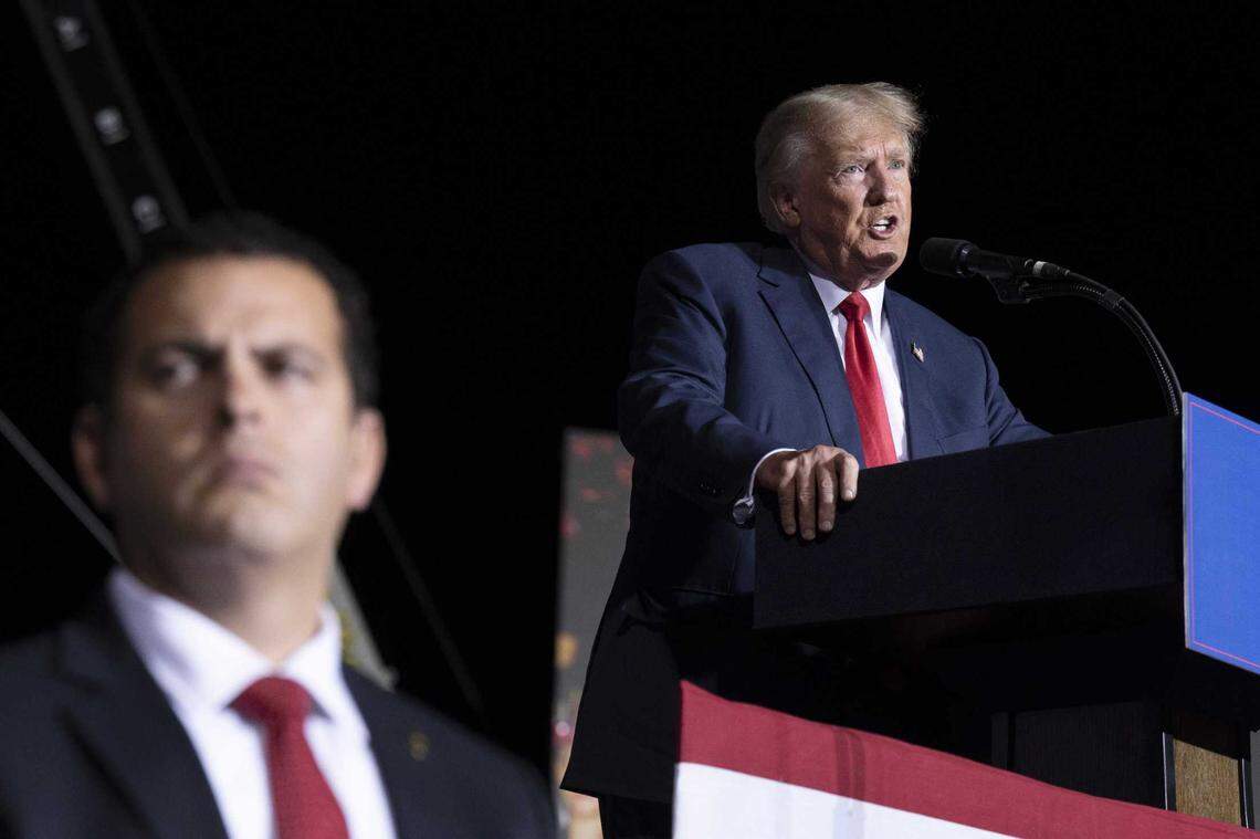 Former President Donald Trump speaks Saturday at a rally at the Minden Tahoe Airport in Minden, Nev.
