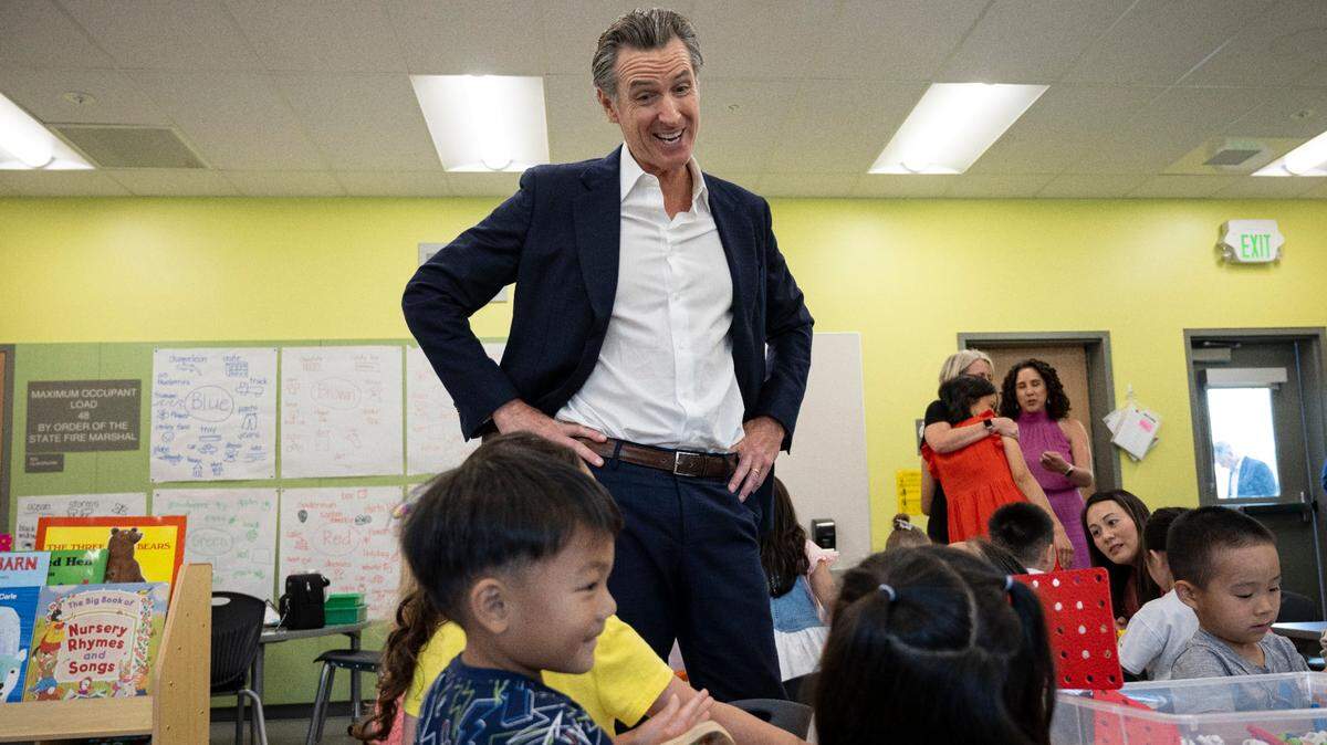 Gov. Gavin Newsom interacts with transitional kindergarten students at Miwok Village Elementary School in Elk Grove during an event to highlight the state’s plans to increase culturally competent instruction, nutrition initiatives, health care, counseling and before-and after-school programs.