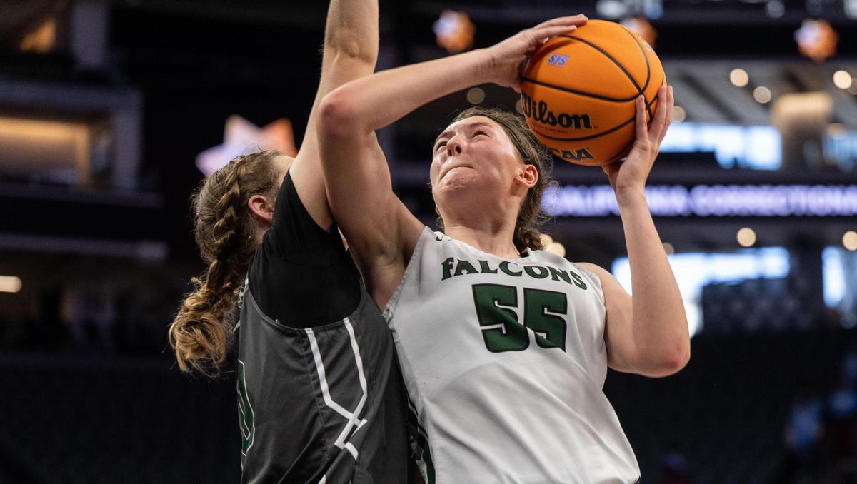 Colfax Falcons’ Juliette James (55) fights for position under the basket against Ponderosa Bruins’ Abbigail Reding (10) during a CIF Sac-Joaquin Section Division III girls basketball championship game at Golden 1 Center on Friday, Feb. 28, 2025.