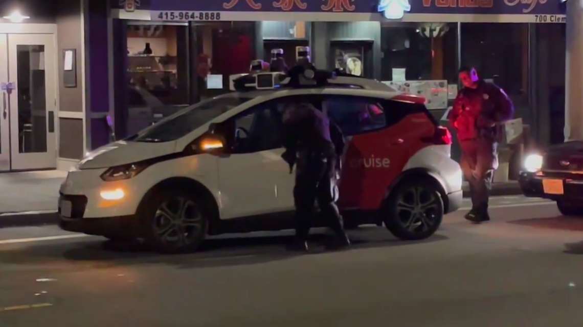 A self-driving Cruise car was pulled over in San Francisco on April 1, 2022. Then it drove away from police before yielding to them.