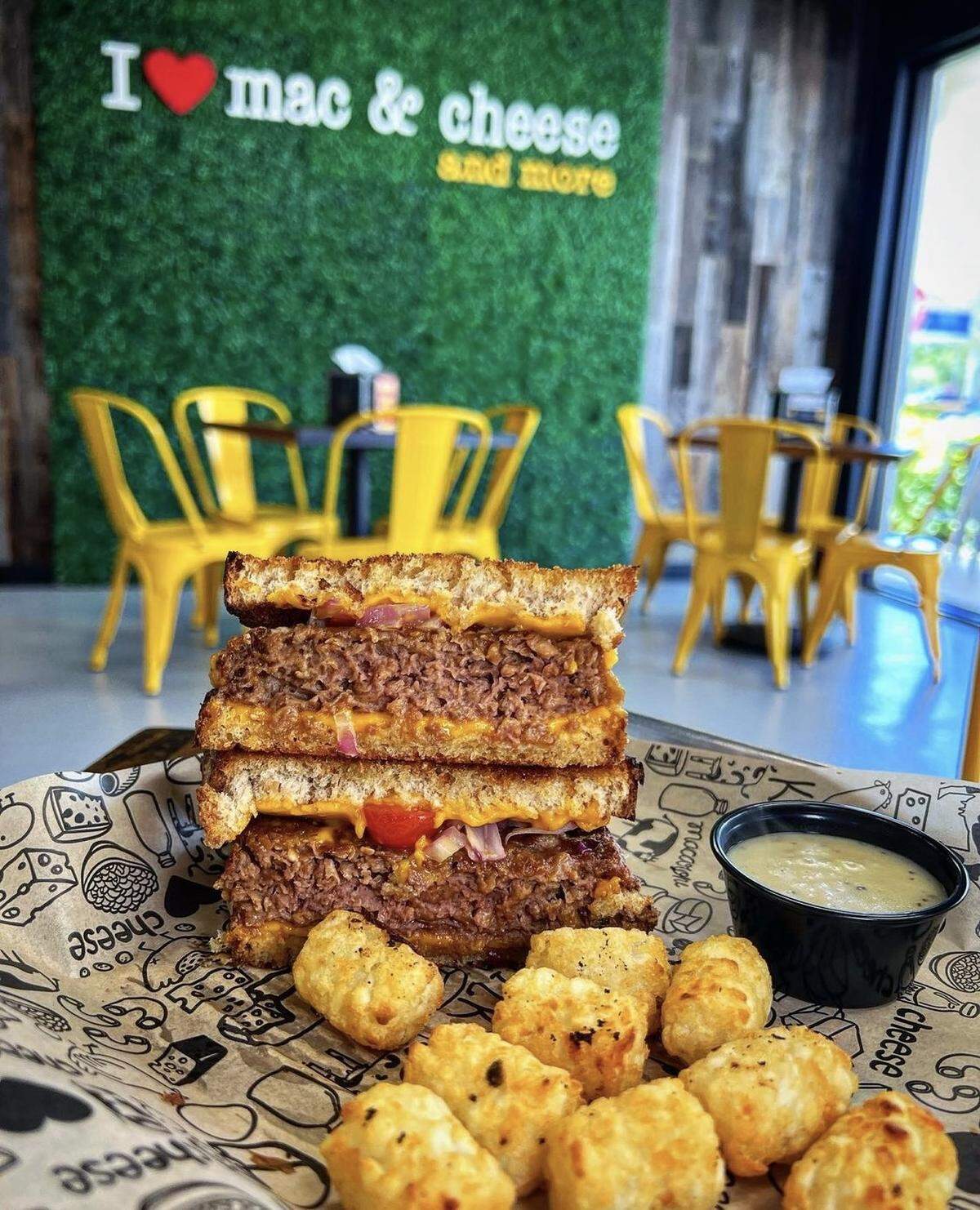 Menu options at I Heart Mac & Cheese include the Vegan Melt Grilled Cheese sandwich, which features sourdough bread, a Beyond Burger patty, vegan cheese, onions, tomatoes and vegan cheese sauce. The popular restaurant chain is opening its first Sacramento location in February 2024.