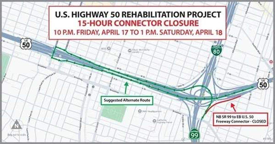 A map of this weekend’s closure of a connector on Highway 99 to Highway 50.