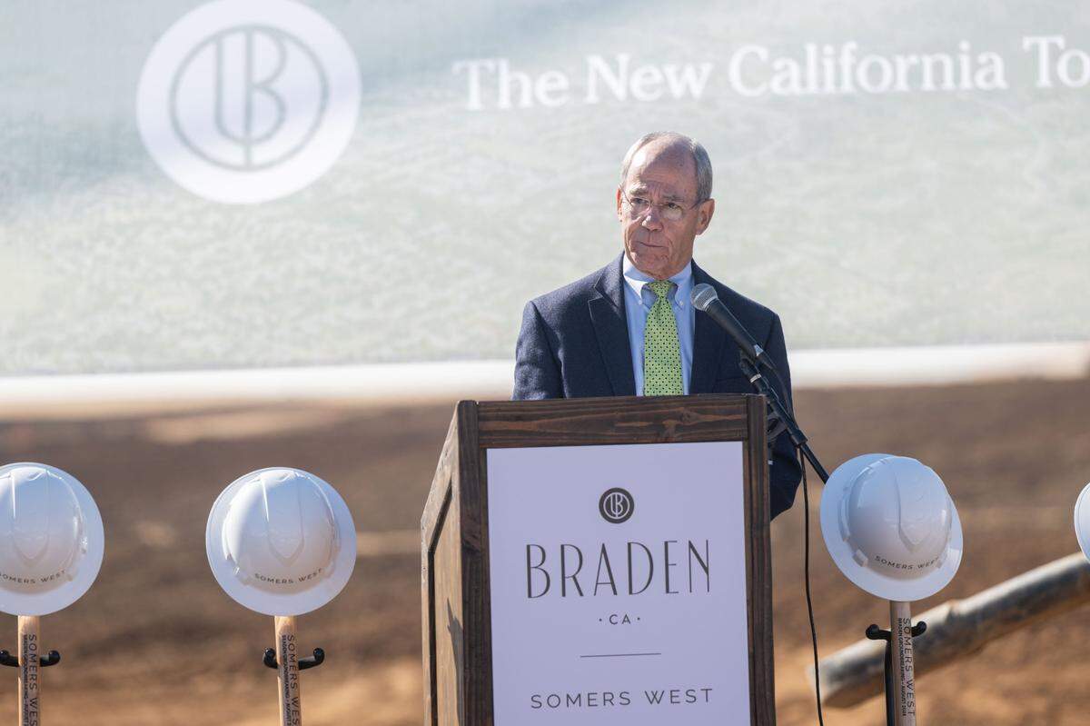 State Sen. Roger Niello, R-Fair Oaks, speaks during the ground breaking ceremony for Braden, a new planned community in Sacramento County near Rancho Cordova, on Thursday, Sept. 26, 2024.